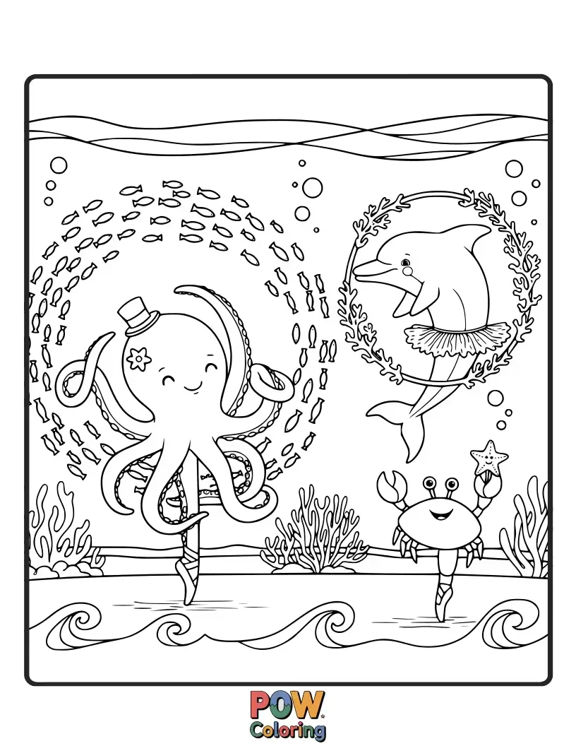 Free coloring page of A graceful octopus in a tutu pirouettes with a school of shimmering fish. Pure underwater elegance and artistic flair.