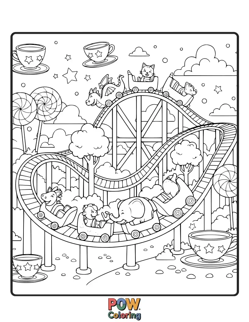 Free coloring page of A magical roller coaster winds through a candy land, with gummy bears and lollipop trees.
