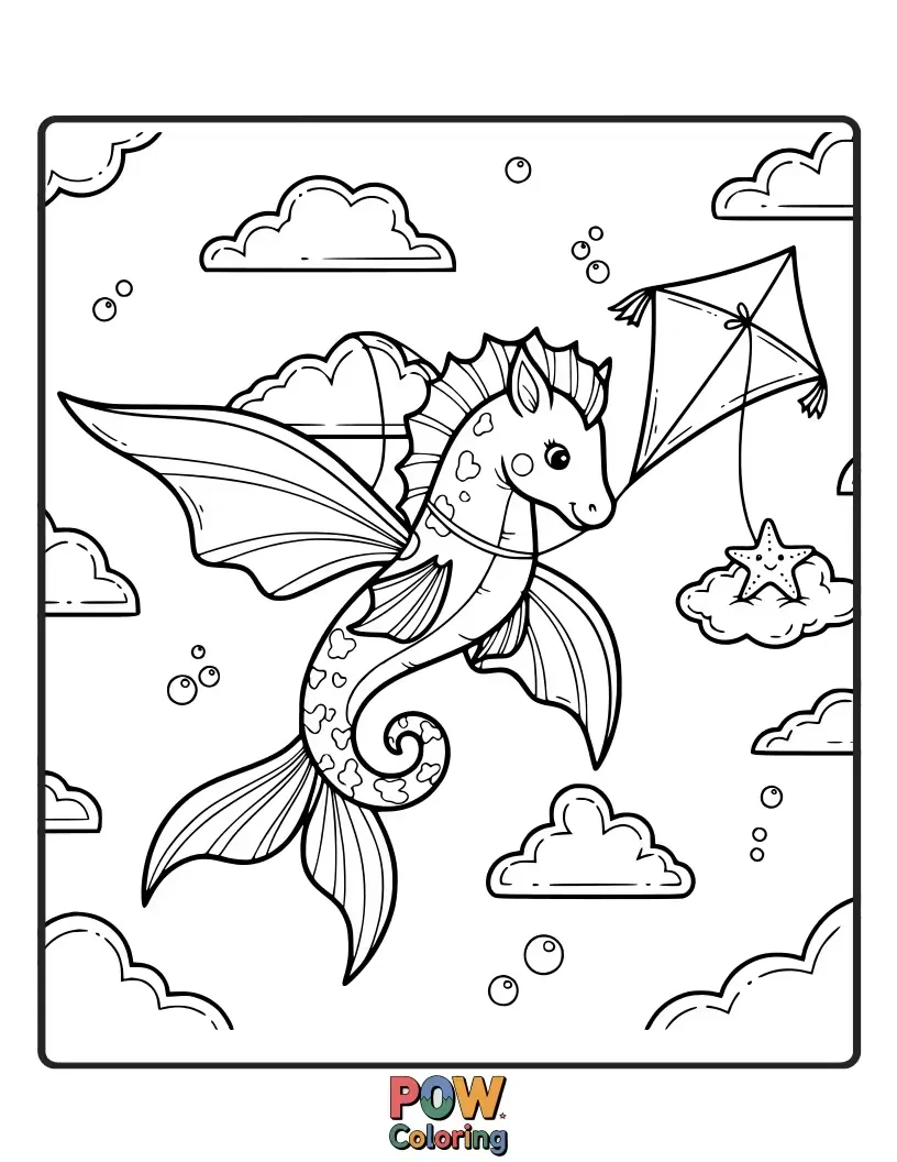 Free coloring page of A playful seahorse tethered to a whimsical kite shaped like a starfish, soaring through the currents.