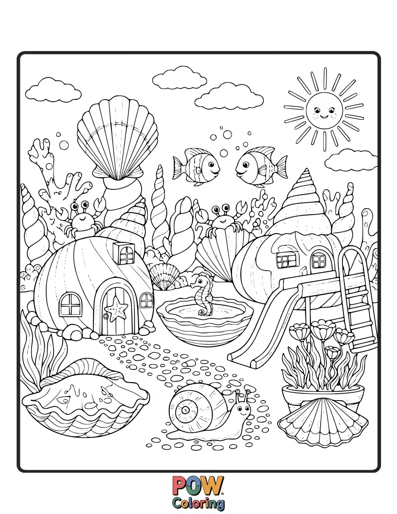 Free coloring page of A magical garden overflowing with seashell flowers and tiny sea creature friends, ready for vibrant coloring.