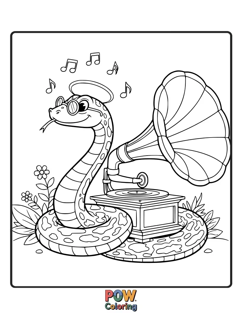 Free coloring page of A whimsical snake swaying to the rhythm of floating musical notes.