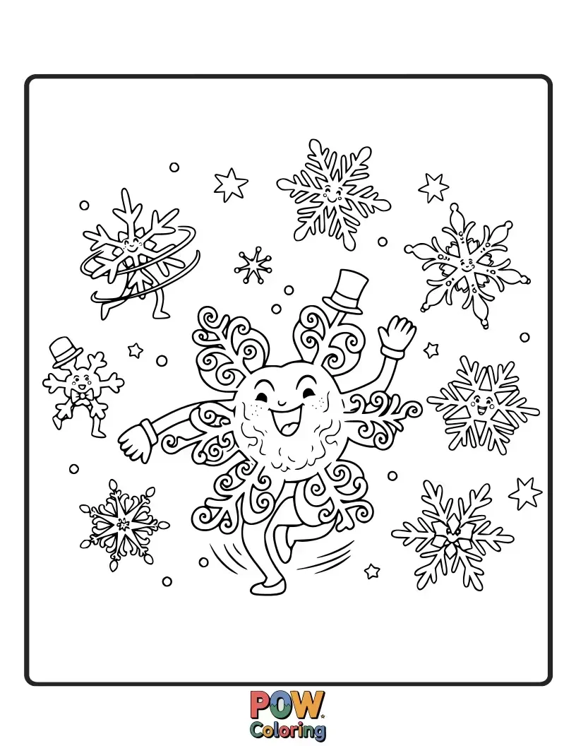 Free coloring page of Intricate and unique snowflakes twirling and dancing in the air, showcasing beautiful symmetrical patterns for detailed coloring.