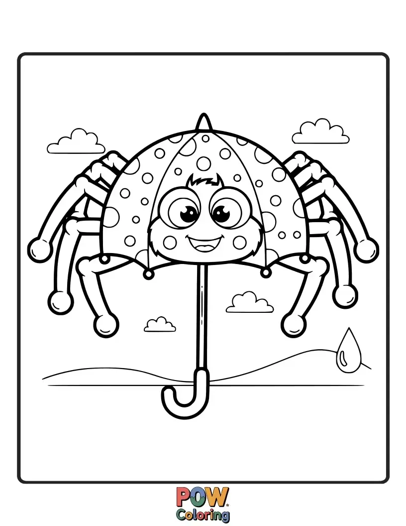 Free coloring page of A charming spider using a leaf as an umbrella during a gentle rain shower. Evokes a cozy and imaginative scene.