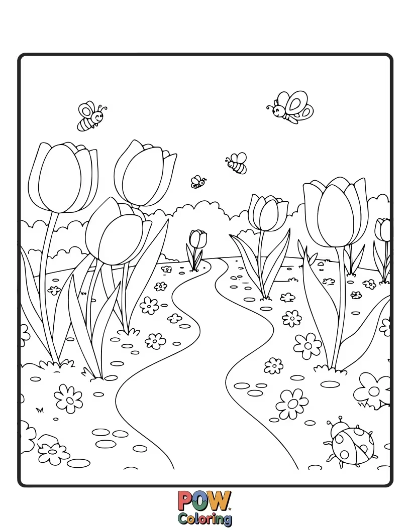 Free coloring page of Vibrant garden filled with swirling tulips, playful butterflies, and a whimsical, smiling sun. Perfect for imaginative coloring.