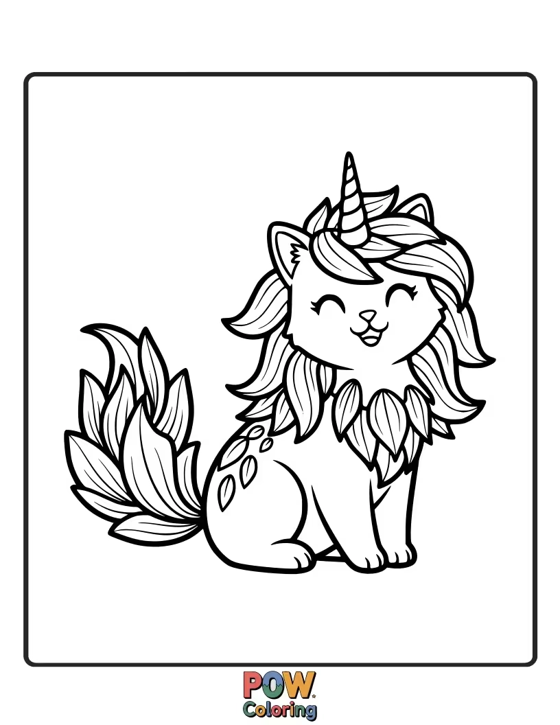 Free coloring page of A fluffy unicorn cat peeking out from a giant, magical flower, surrounded by sparkling dew drops and tiny butterflies.