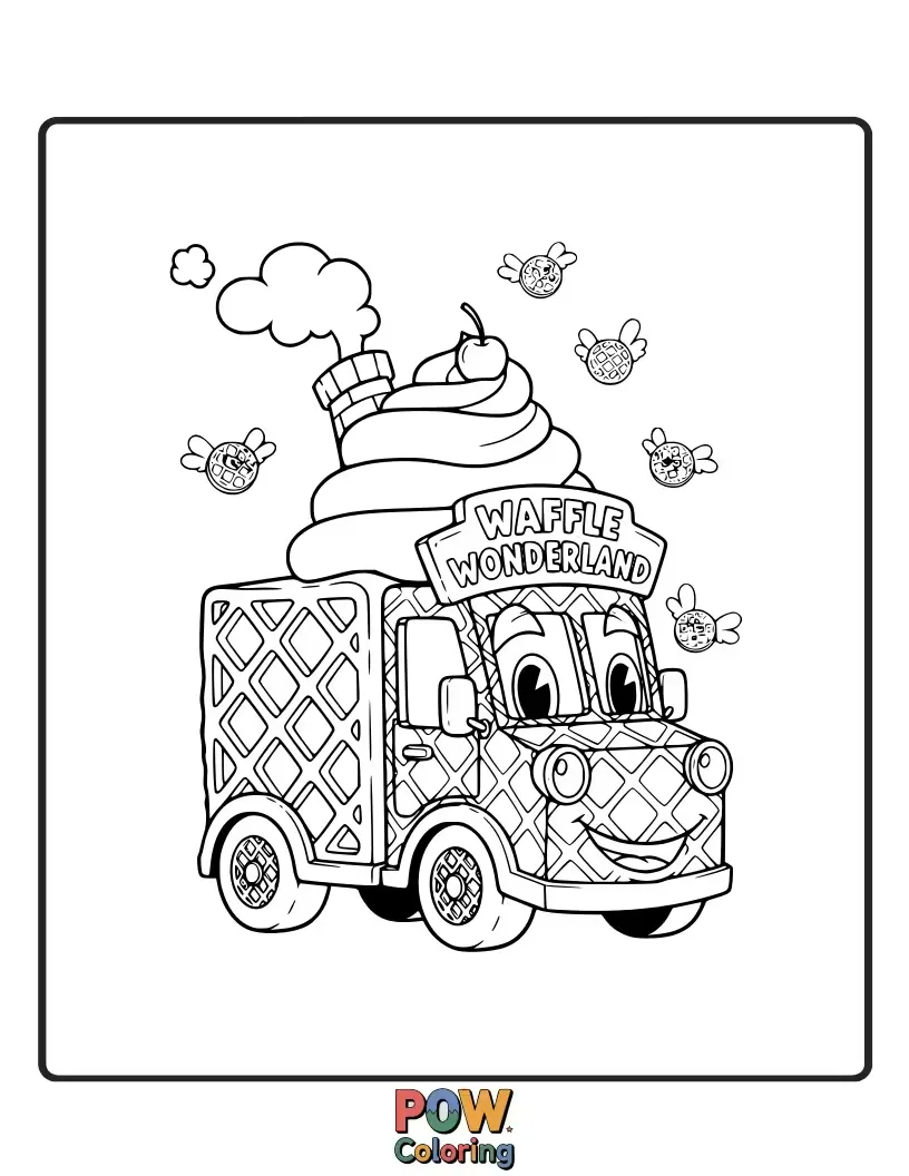 Free coloring page of A cheerful waffle truck with oversized waffle wheels and syrup drips, ready to serve sweet treats with a smile.