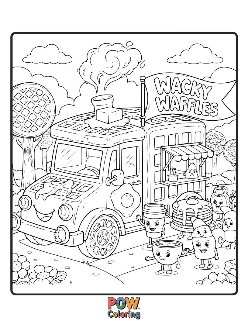 Free coloring page of A cheerful waffle truck with oversized waffle wheels and syrup drips, ready to serve sweet treats with a smile.