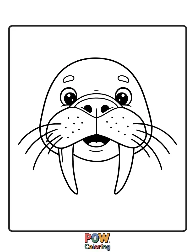 Free coloring page of A cute walrus face with simple tusks, bringing a fun, blubbery character to the coloring page collection.