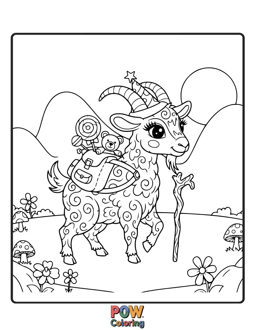 Free coloring page of A playful goat with ears frolicking through a field of oversized flowers, leaving a trail of sparkly dust.