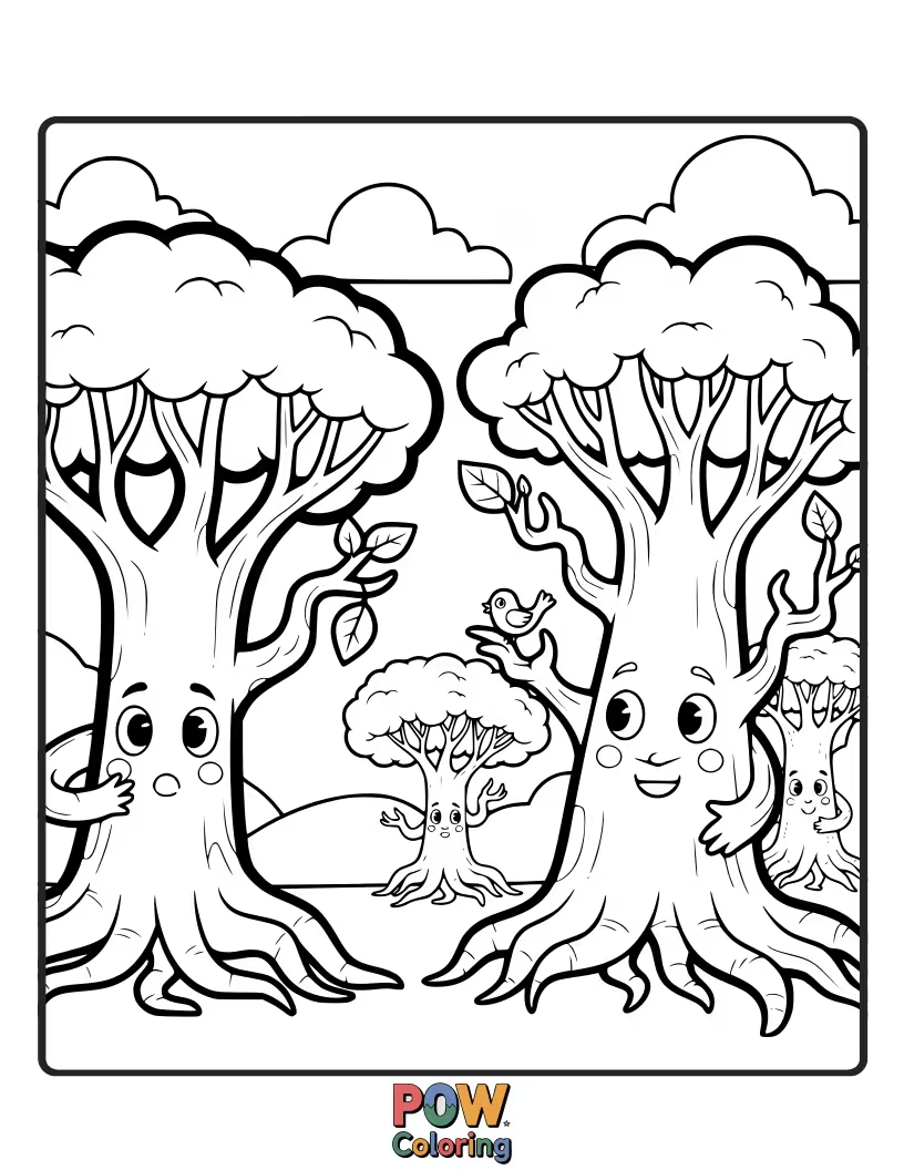 Free coloring page of These trees have tiny feet and are off on an adventure, exploring the world one leaf at a time.