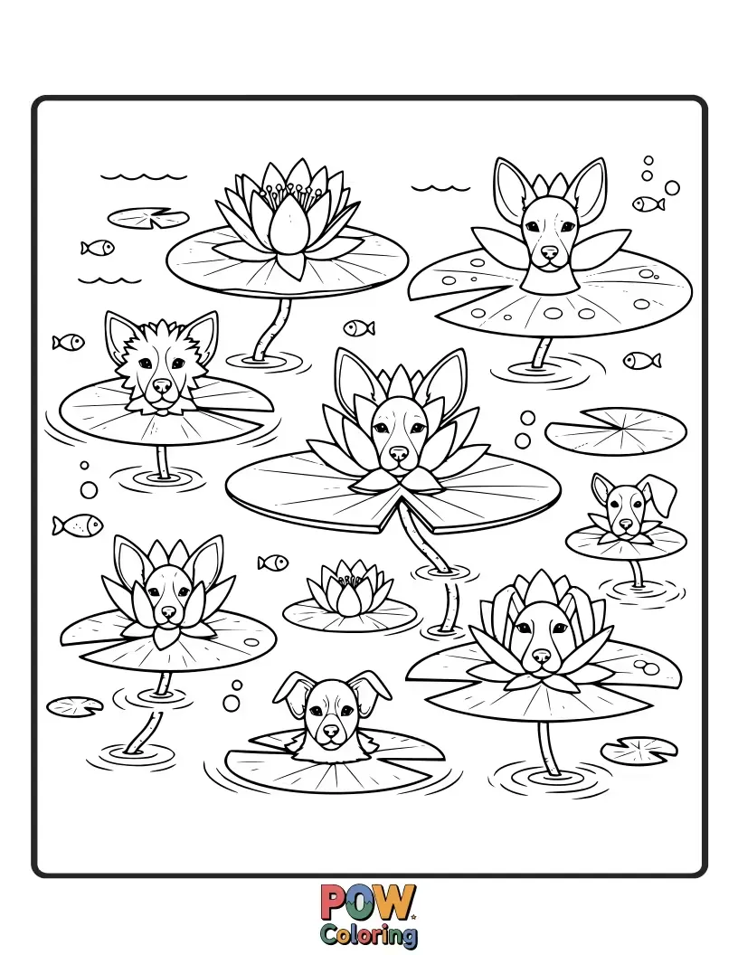 Free coloring page of Elegant dogs resting peacefully on large, beautiful water lilies, surrounded by serene pond scenery and delicate lily pads.