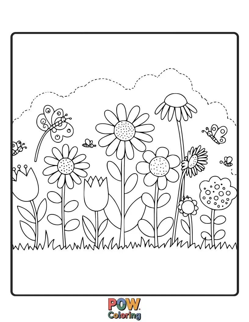 Free coloring page of Delicate wildflowers bloom freely in this enchanting meadow scene, perfect for imaginative coloring adventures and adding your own artistic flair.