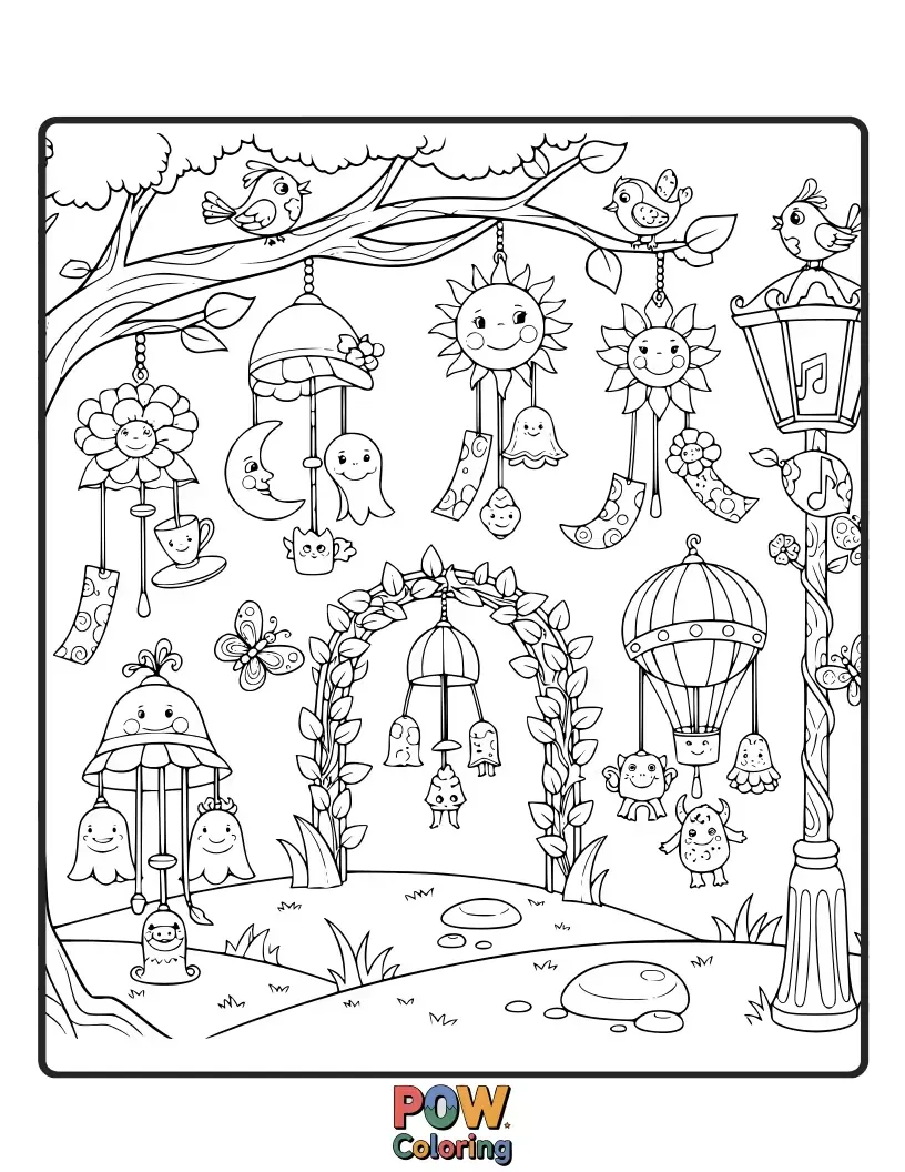 Free coloring page of A magical garden scene with chimes hanging from whimsical flowers and smiling toadstools.