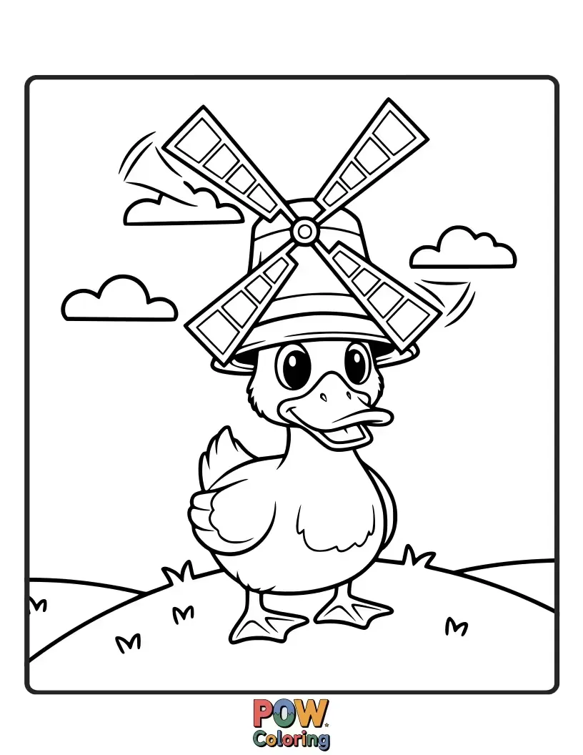 Free coloring page of A cute duck with a windmill incorporated into its design, blending nature and charm.