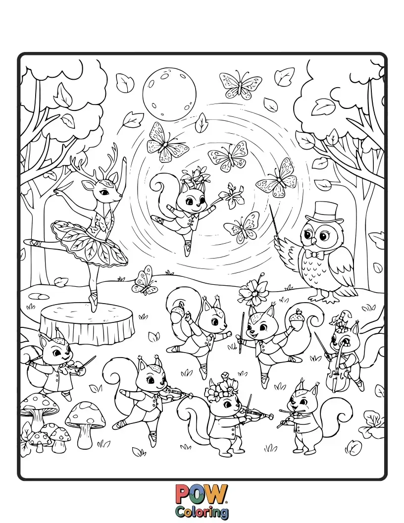 Free coloring page of A fairy with iridescent wings dances with a badger in a bowtie, performing a charming duet amongst mushrooms. Enchanting elegance!