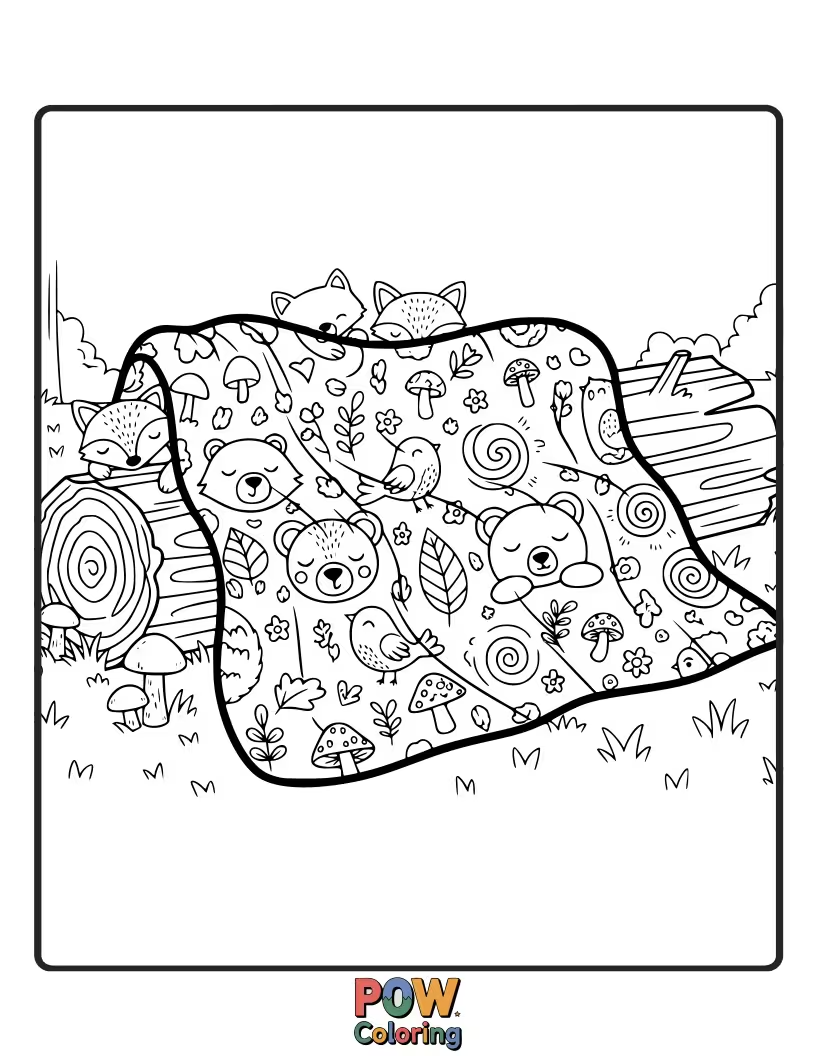 Free coloring page of Forest friends like a squirrel and owl peeking from a nature-inspired blanket.