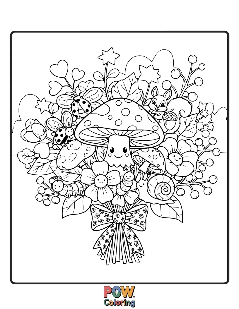 Free coloring page of A charming bouquet of forest flowers, mushrooms, and friendly woodland creatures peeking through.