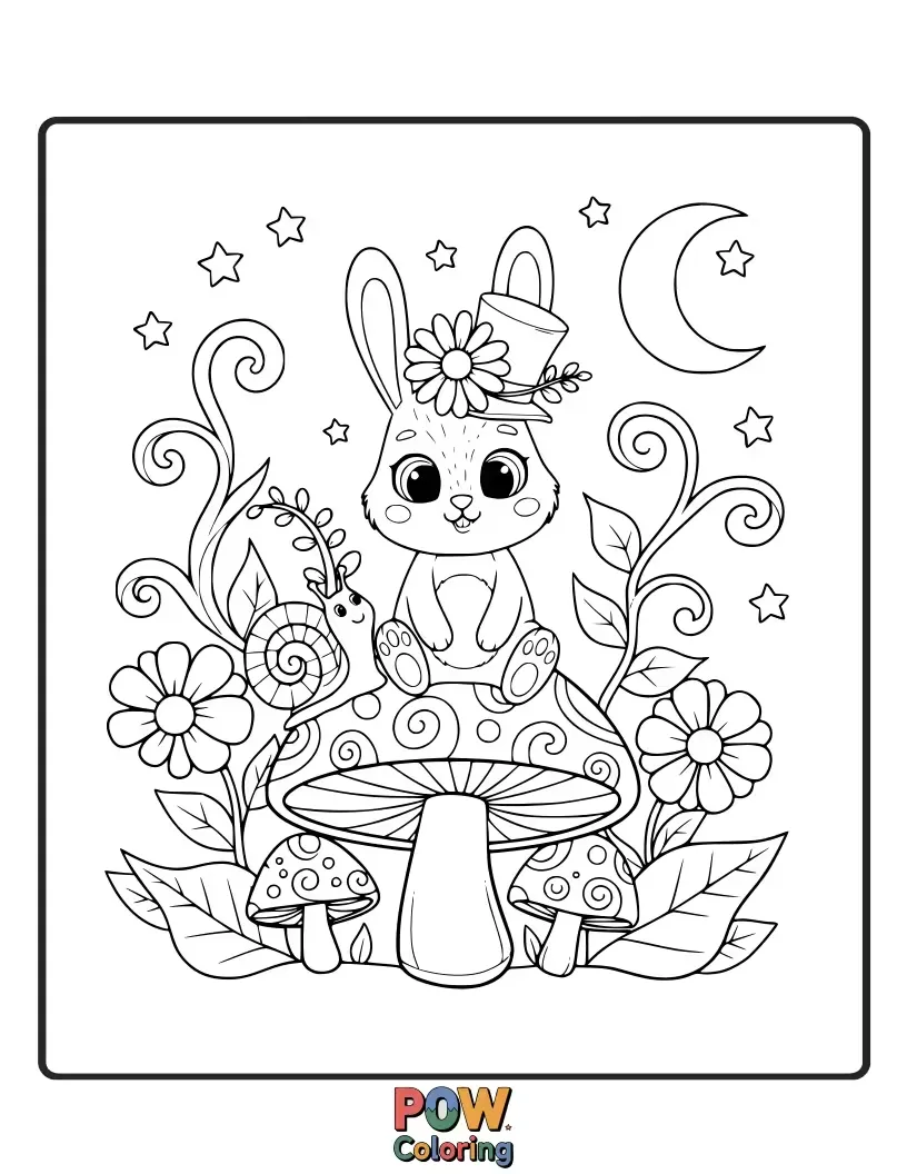 Free coloring page of A curious bunny explores a magical forest filled with glowing mushrooms and friendly woodland creatures.