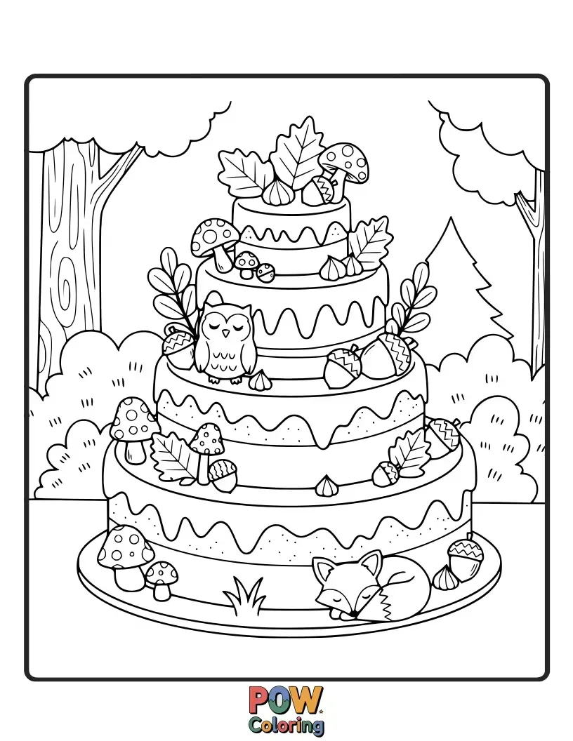 Free coloring page of Adorable woodland creatures enjoying a feast of beautifully decorated cakes amidst a magical forest setting.