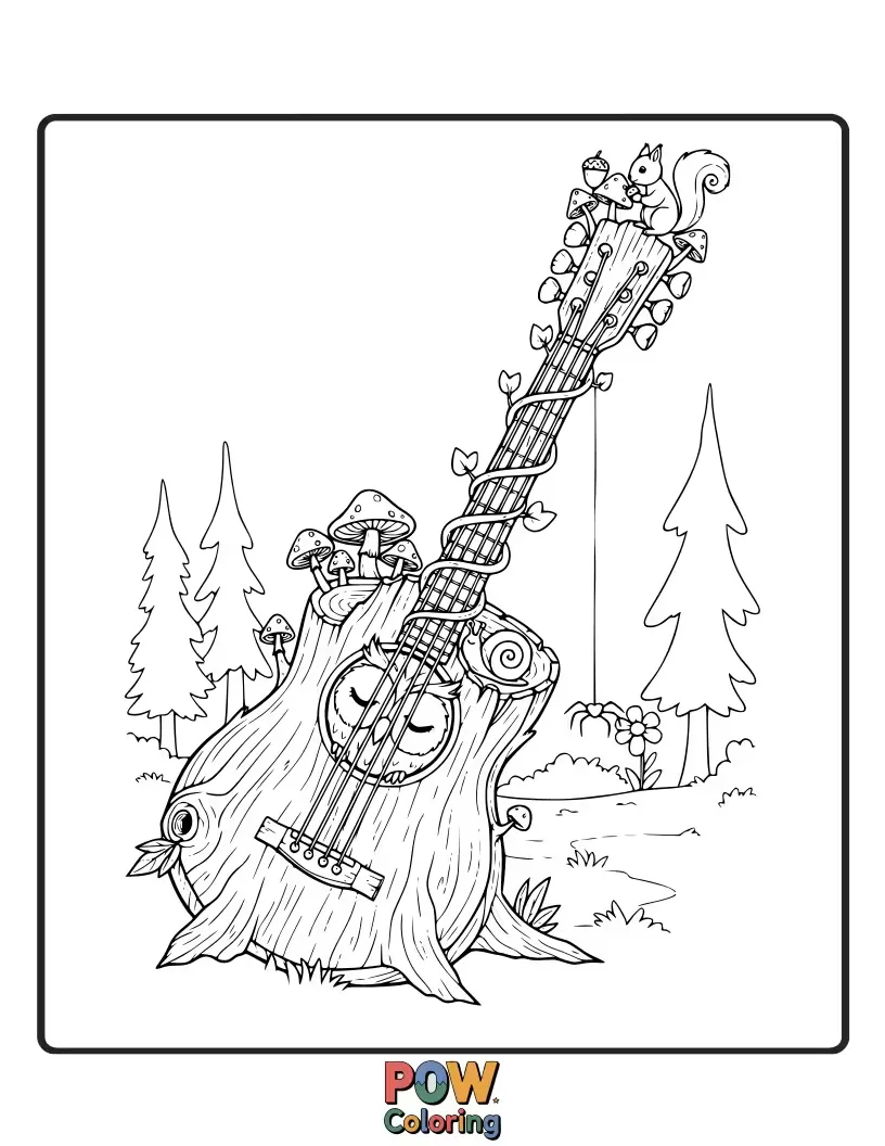 Free coloring page of A guitar nestled amongst mushrooms and friendly forest creatures, inviting a gentle melody.