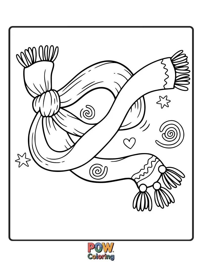 Free coloring page of A playful fox peeking from a long, patterned scarf. Imagine a cozy scene with intricate designs waiting for your colors.