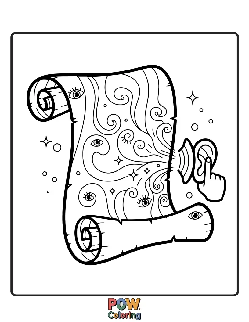 Free coloring page of Two little children are whispering excitedly into a scroll, as if sharing Purim secrets and stories. Magic in the making!