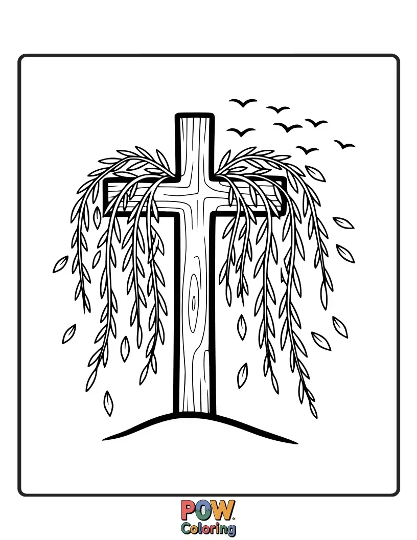 Free coloring page of A graceful cross interwoven with the flowing branches of a willow tree, evoking serenity and peace.