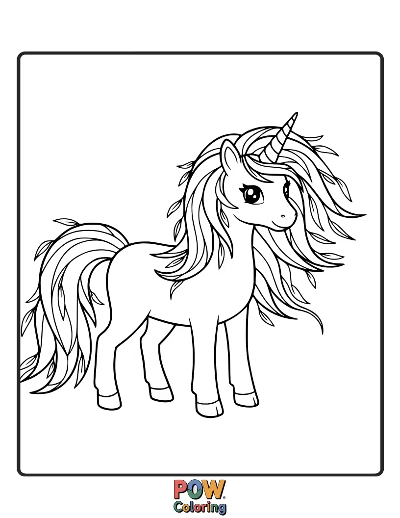 Free coloring page of Gentle unicorn standing beside a weeping willow tree, its branches swaying.