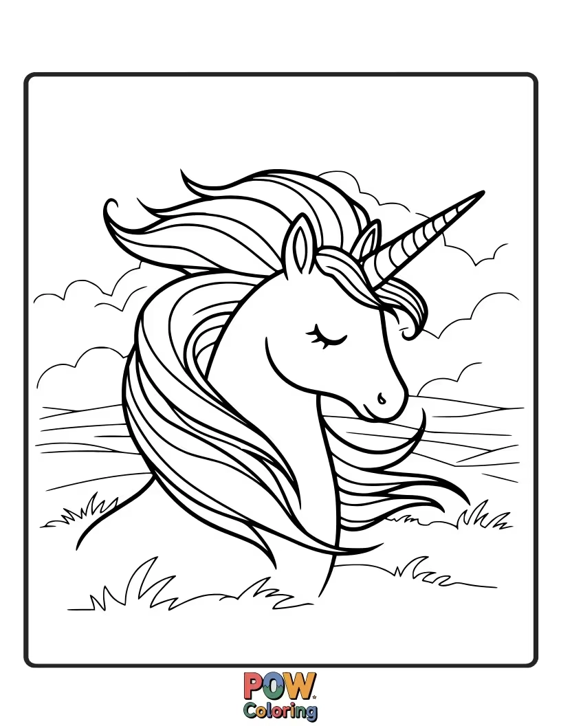 Free coloring page of Swift unicorn running with the wind, its mane and tail flowing like a gentle breeze.