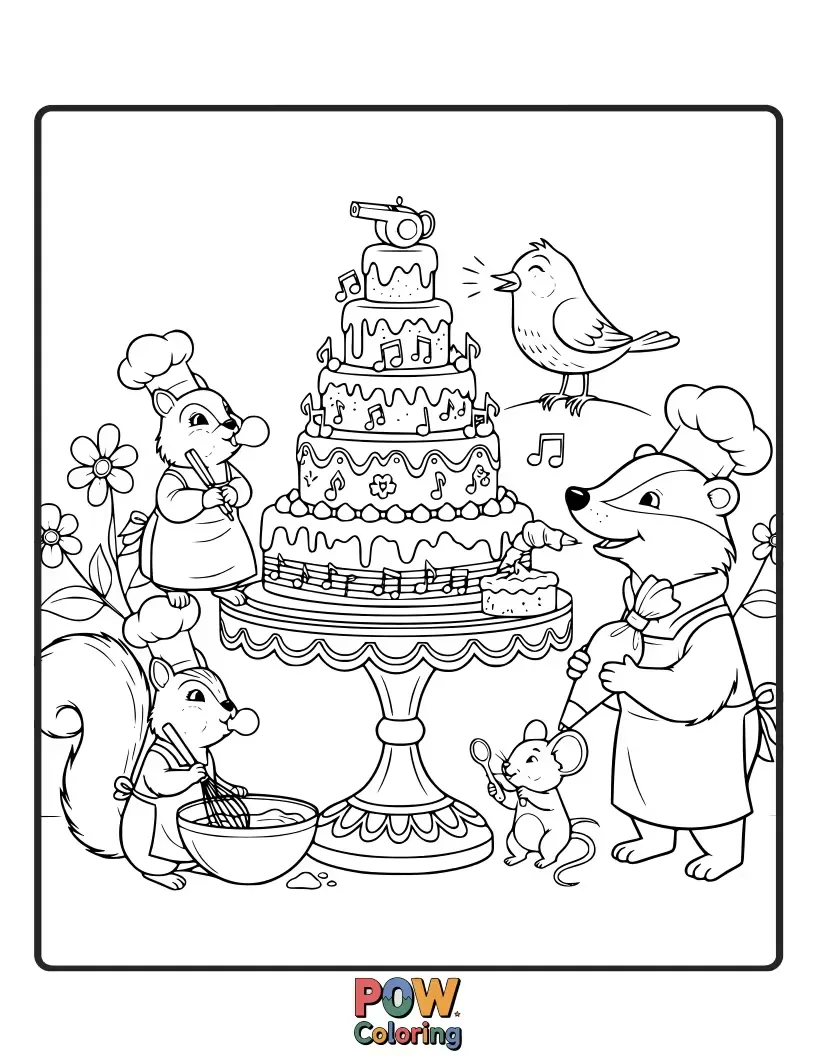 Free coloring page of Cheerful dwarf-themed cakes, inspired by miners and their love for digging for sweet treasures.