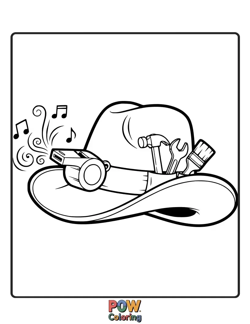 Free coloring page of A classic construction hard hat with fun, oversized tools attached. Ready to build and color!