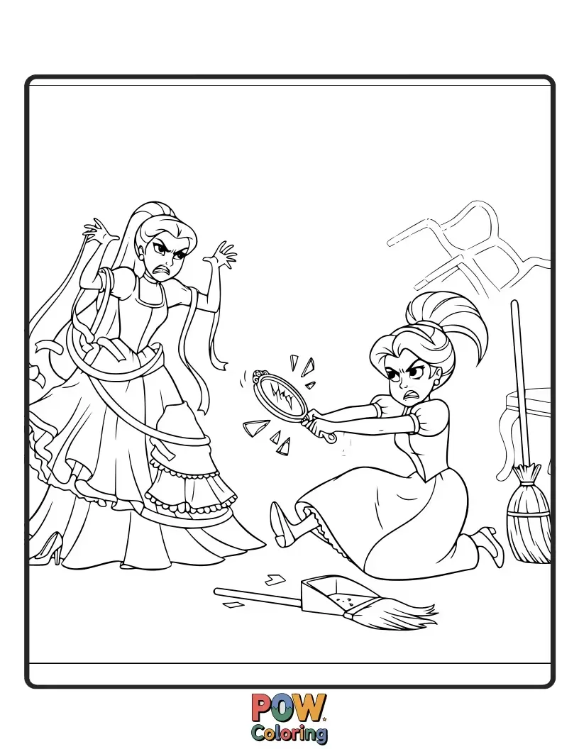 Free coloring page of The two stepsisters looking comically frustrated as Cinderella glides away, their faces contorted in jealousy.