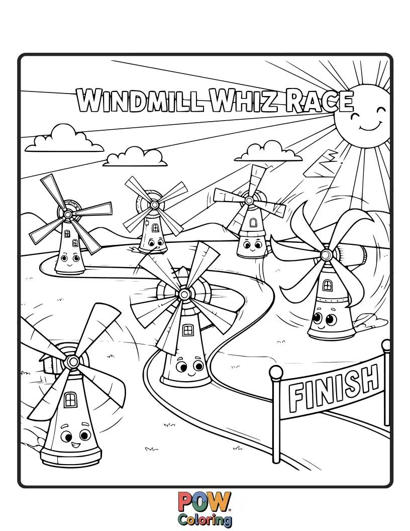 Free coloring page of Cute windmills with colorful sails are spinning and racing each other in a breezy competition.