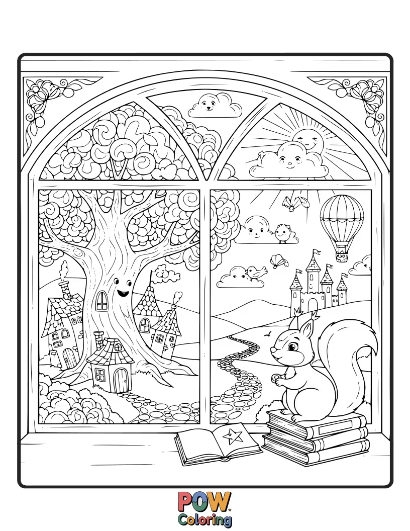 Free coloring page of A window frame showing a fantastical construction scene filled with wonder.