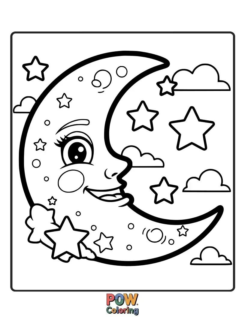 Free coloring page of A slice of moon, playfully winking, surrounded by tiny stars and a sprinkle of cosmic dust. Whimsical and cheesy fun!