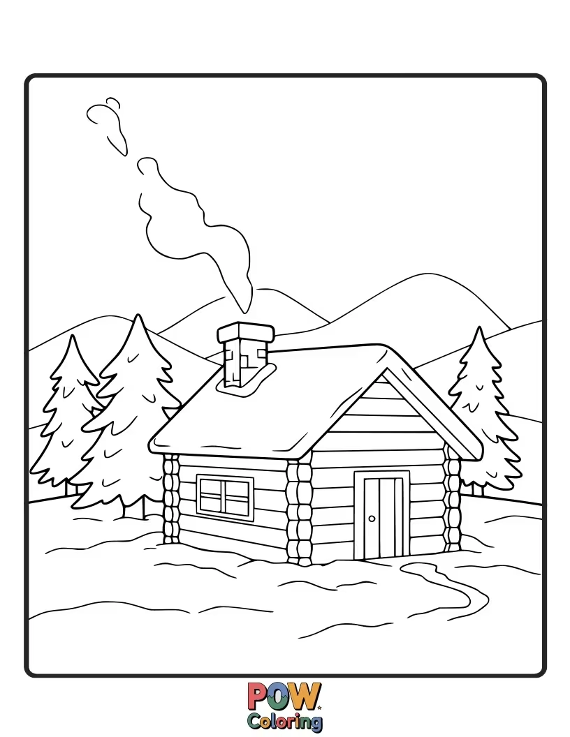 Free coloring page of A quaint winter cabin nestled in a snowy landscape, with smoke curling from the chimney. A picture of warmth.