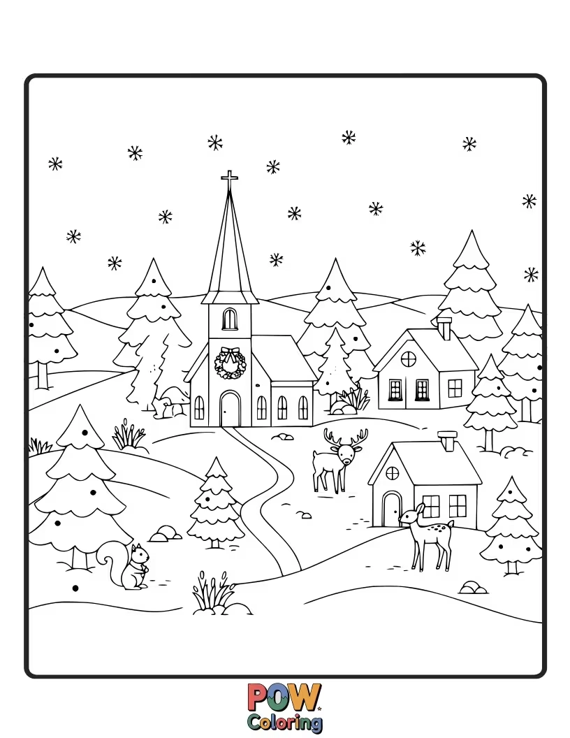 Free coloring page of A detailed scene of a quaint winter village with snow-dusted roofs, twinkling lights, and a peaceful atmosphere.