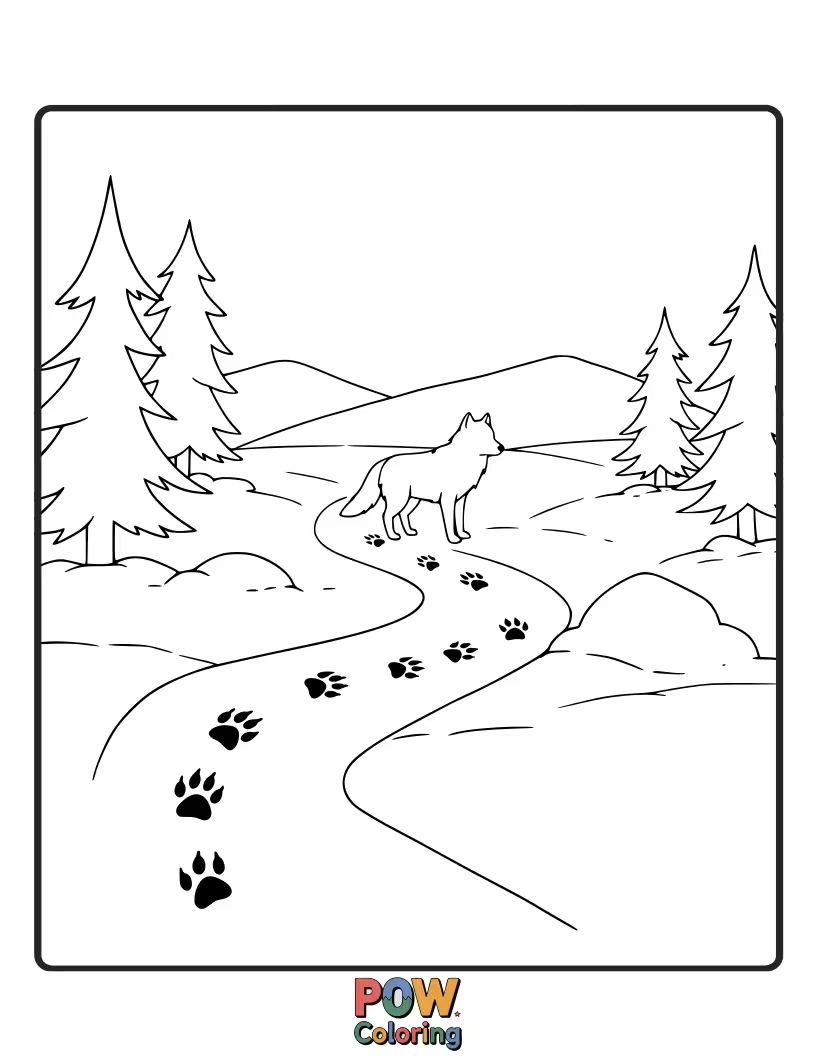 Free coloring page of A wolf's tracks leading through a snowy path, suggesting a journey through the winter wilderness.