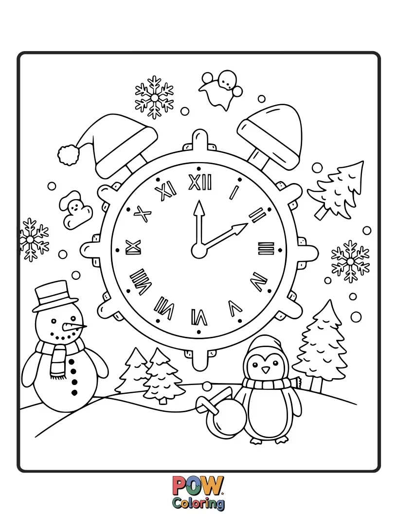 Free coloring page of A cozy clock with snowflakes, snowmen, and other wintery scenes around the hours.