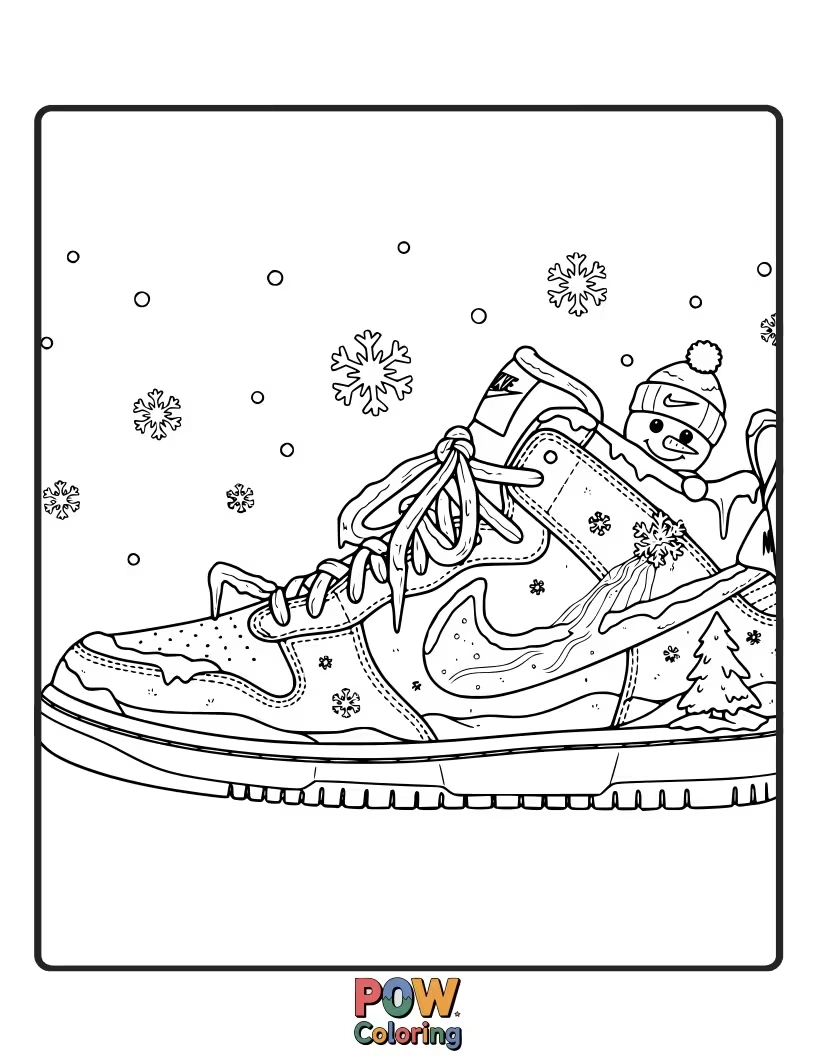 Free coloring page of A cozy Nike shoe adorned with snowflakes, icicles, and a friendly snowman for a magical winter scene.