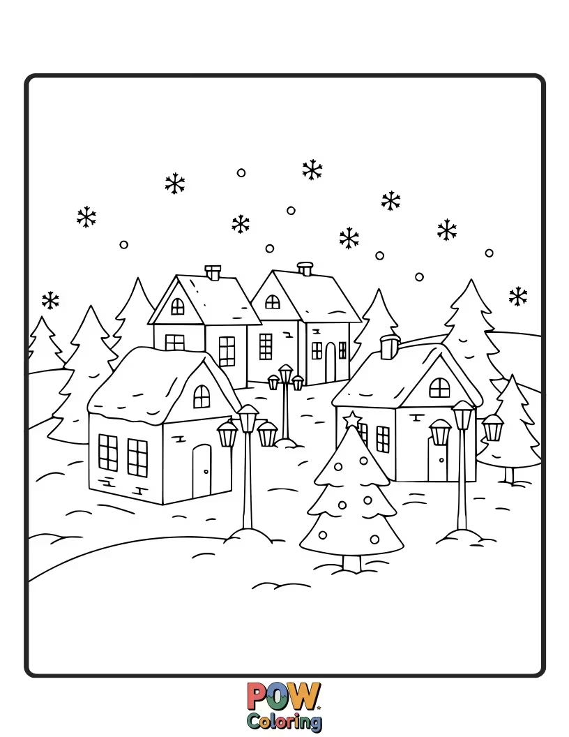 Free coloring page of A charming village covered in snow, with festive lights, decorated houses, and happy villagers. A complete holiday scene.
