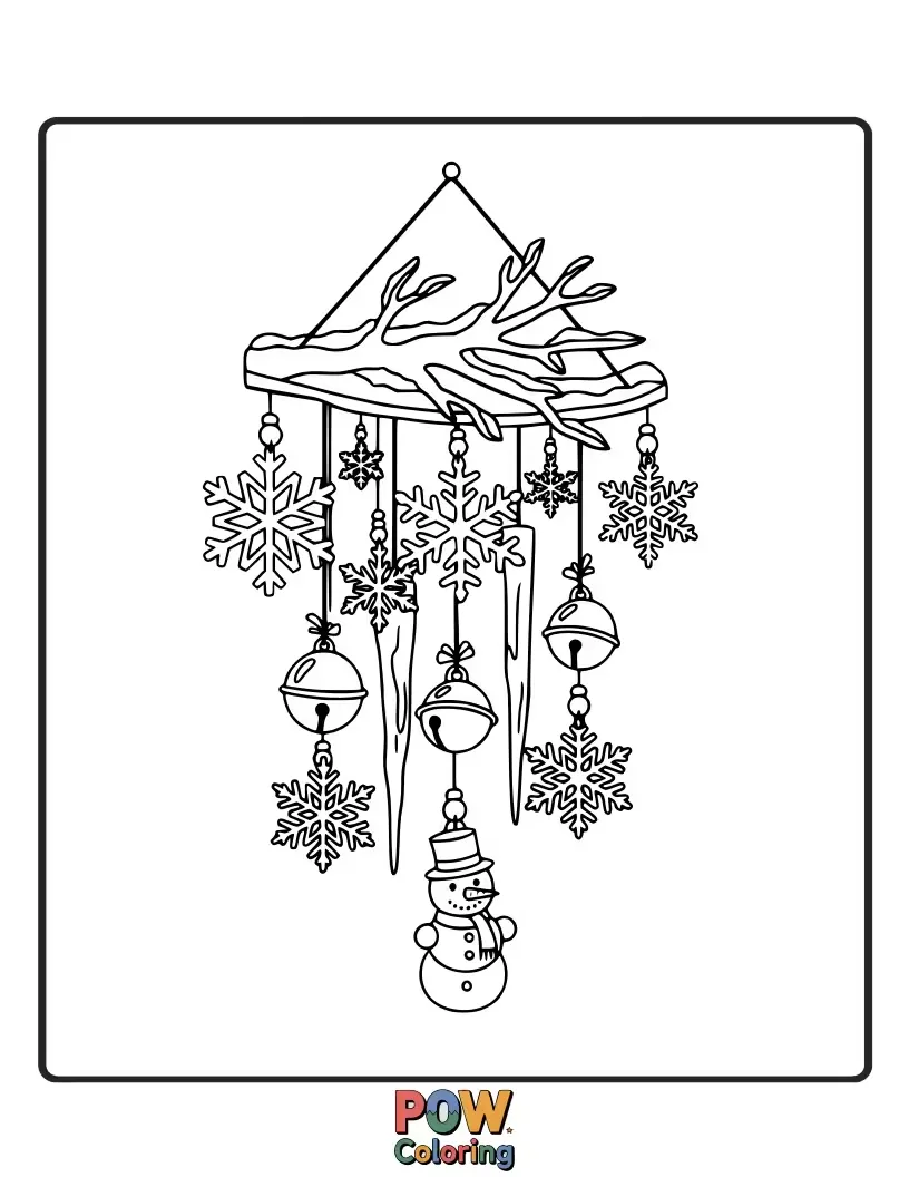 Free coloring page of Sparkling icicle wind chimes hanging from snowy branches in a winter landscape.