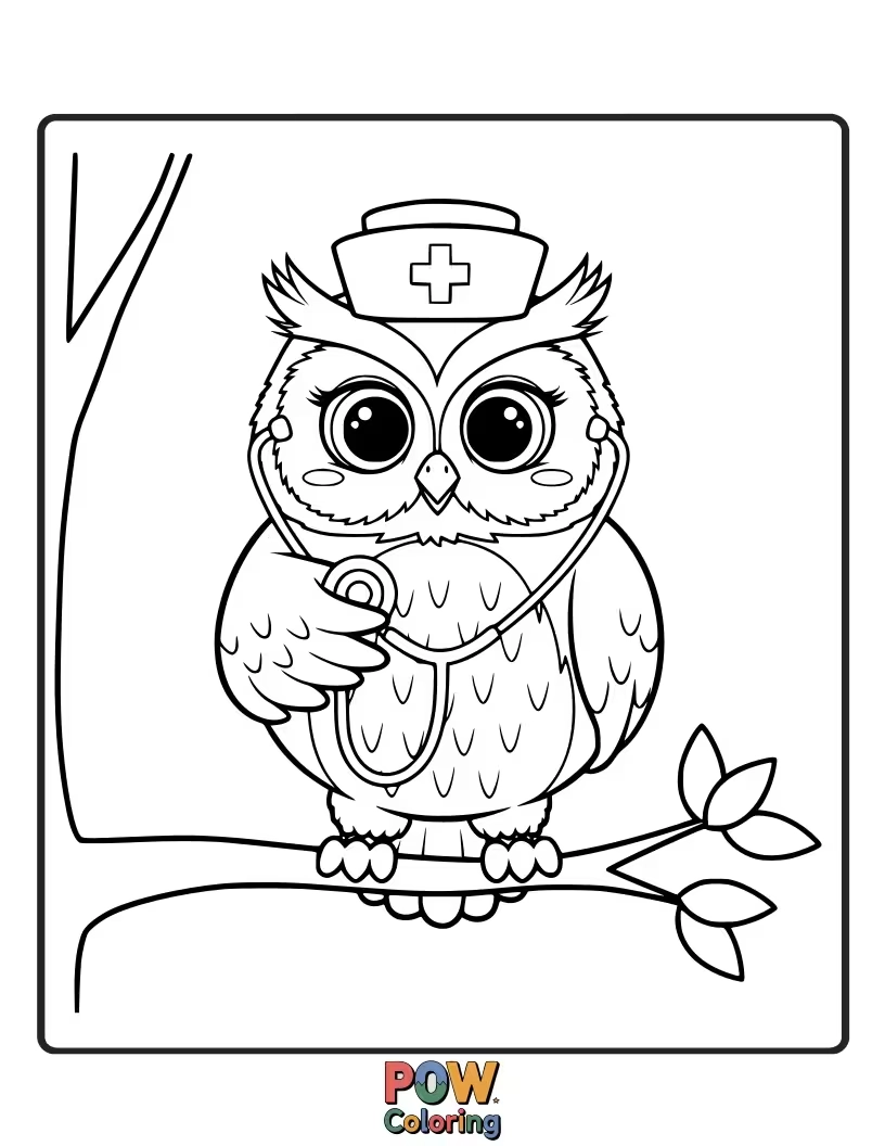 Free coloring page of A wise owl nurse with spectacles, offering insightful medical advice and comforting hooting sounds.