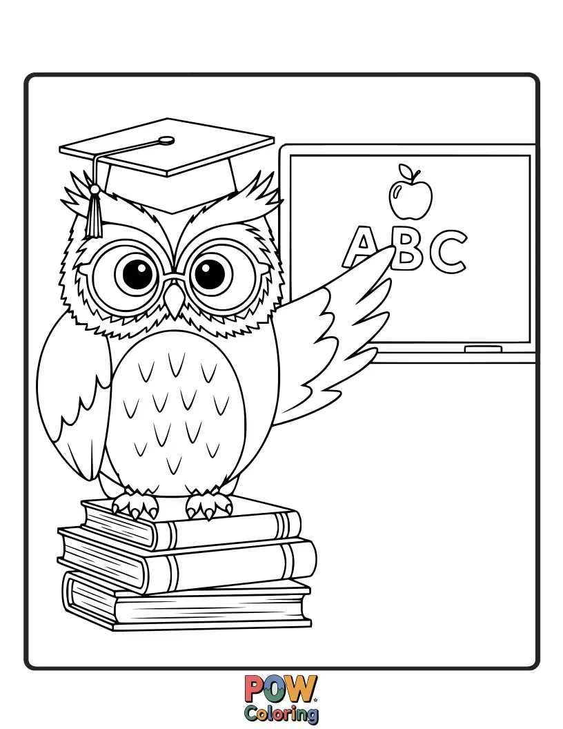 Free coloring page of A serious owl behind a podium, pointing at a chalkboard with lessons about nature.