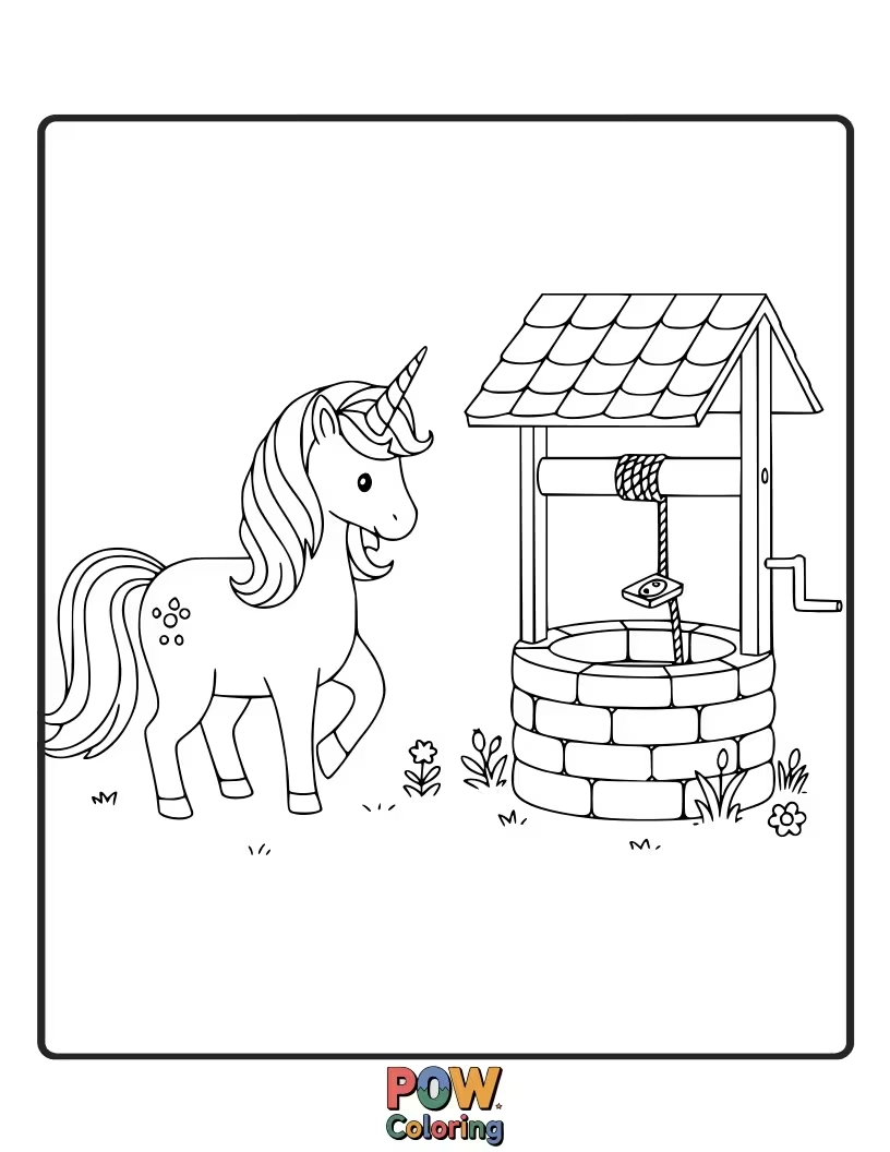 Free coloring page of Unicorn making a wish at a charming, moss-covered wishing well.