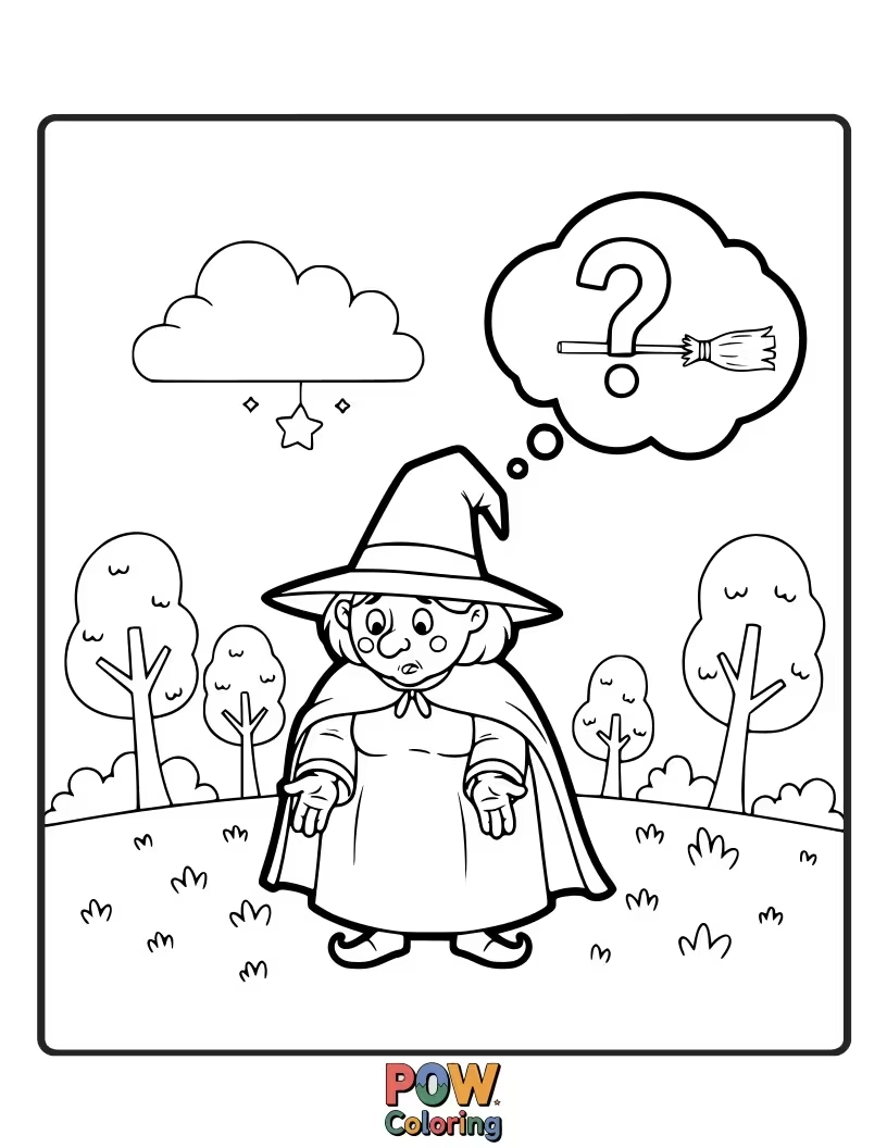 Free coloring page of A cackling witch, looking utterly confused, searches under a mushroom. Her trusty broom is nowhere in sight, perhaps hidden by a mischievous imp.