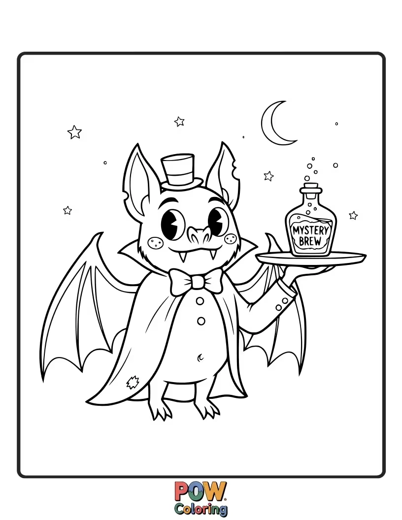 Free coloring page of A witch's butler is a giant, well-dressed bat who keeps dropping the tea tray due to his flappy wings. The witch looks exasperated.
