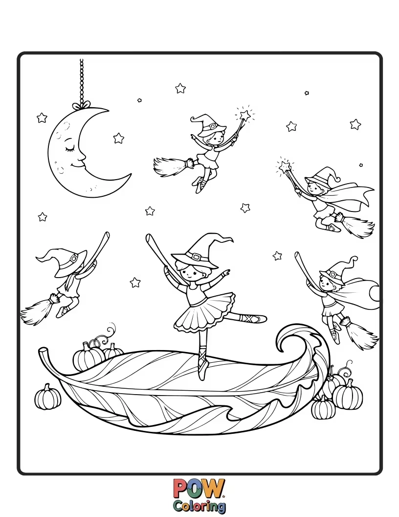 Free coloring page of This witch is attempting a graceful ballet pirouette on her broomstick, but her spellbook is falling open, revealing embarrassing dance moves.