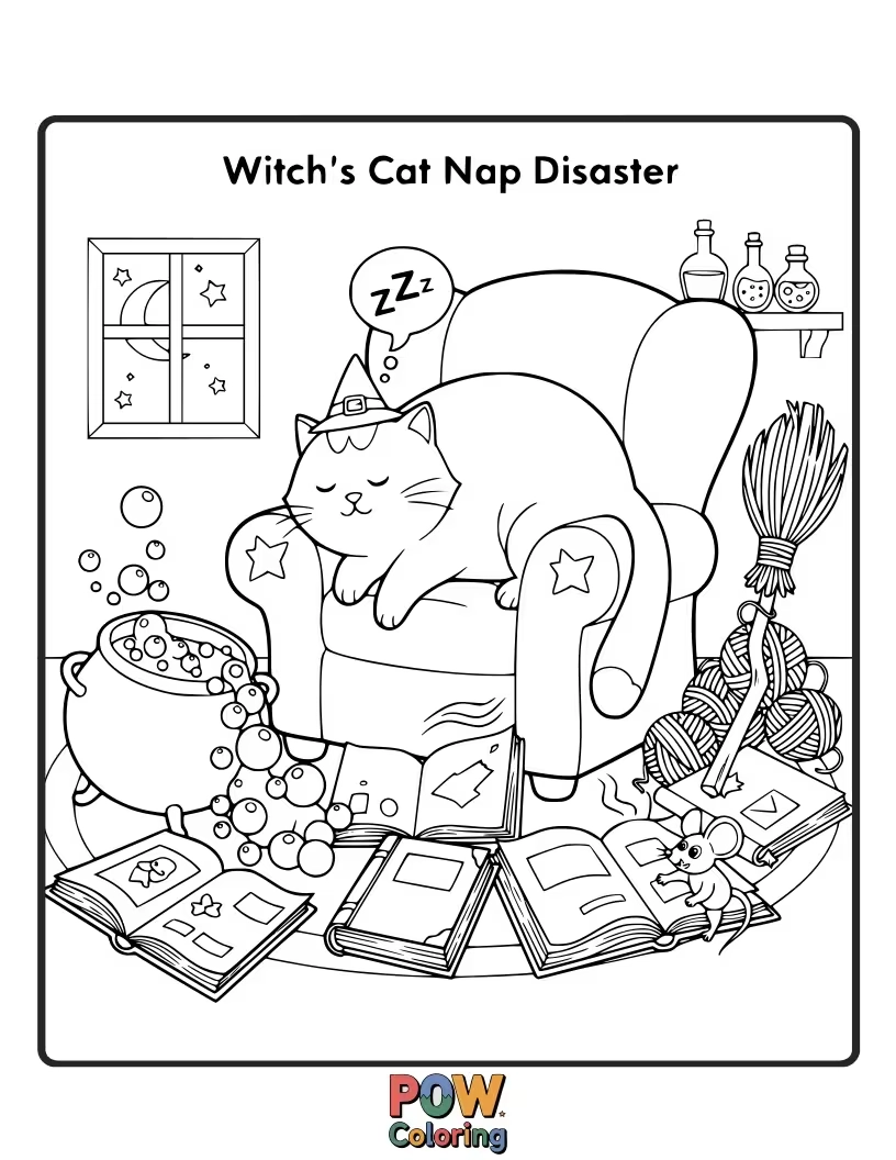 Free coloring page of A witch’s cat has accidentally knocked over her spell ingredients, creating a rainbow explosion of glitter and goo. The cat looks guilty.