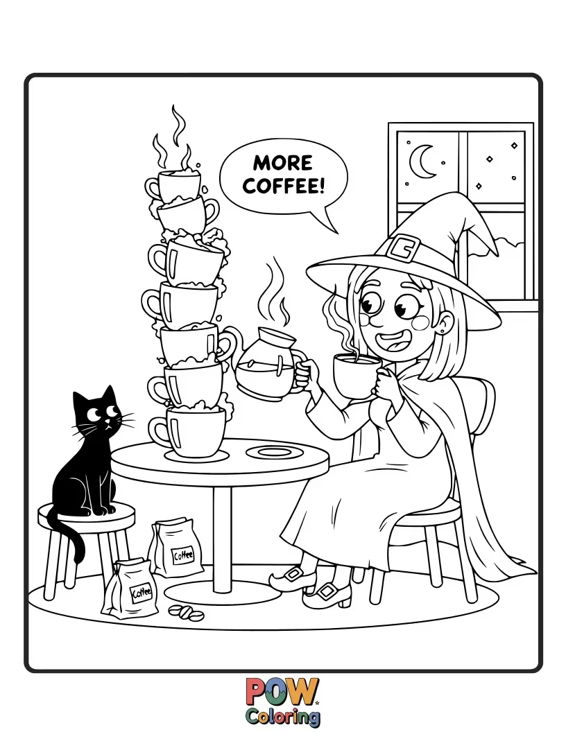 Free coloring page of A witch, looking utterly exhausted, is desperately chugging from an enormous mug labeled "Witchy Brew." Her eyes are wide, powered by caffeine.